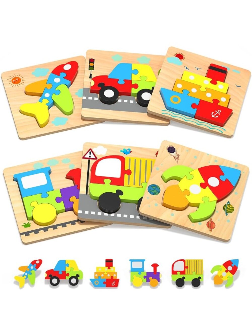 Wooden Toddler Puzzles for 1-3 Years - Montessori Educational Vehicle Shapes Toy